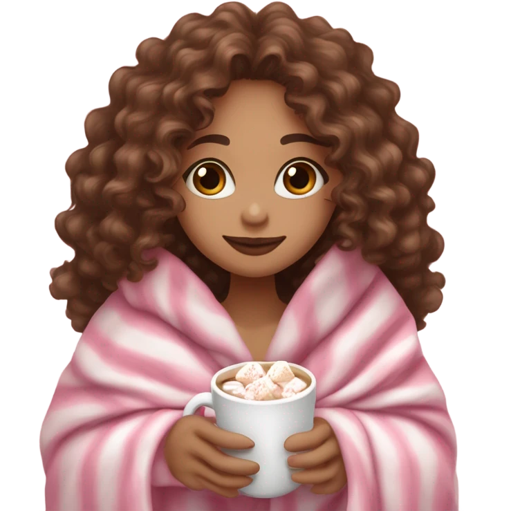 Light skin girl with brown curly hair under our pink blanket,make her look like a young  make it so you can see the curly hairsipping hot cocoa with marshmallows, cuddled around the blanket, long curly hair, long, medium lashes emoji