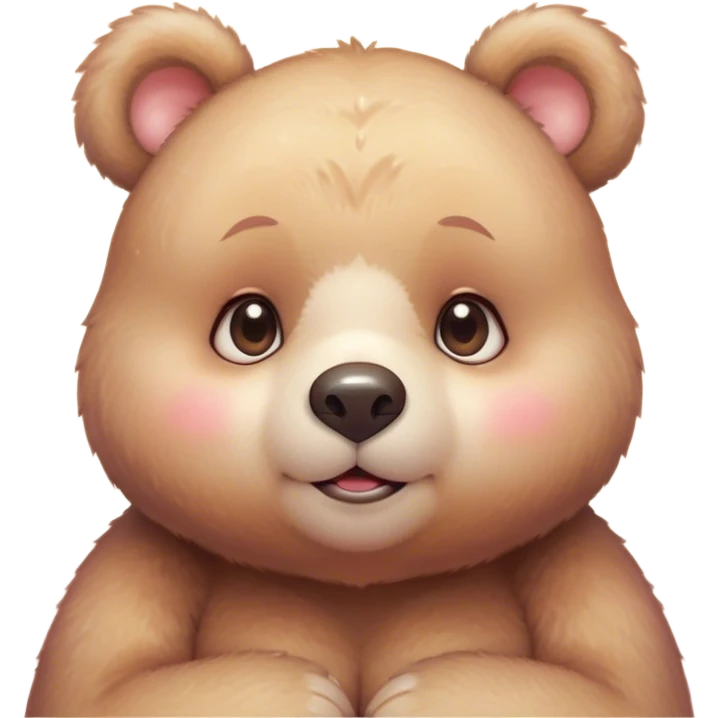 Cinematic cute soft bear, chubby round face, tiny ears, warm fuzzy fur, blushing cheeks, sparkling kind eyes, soft glowing background, heartwarming and huggable. emoji