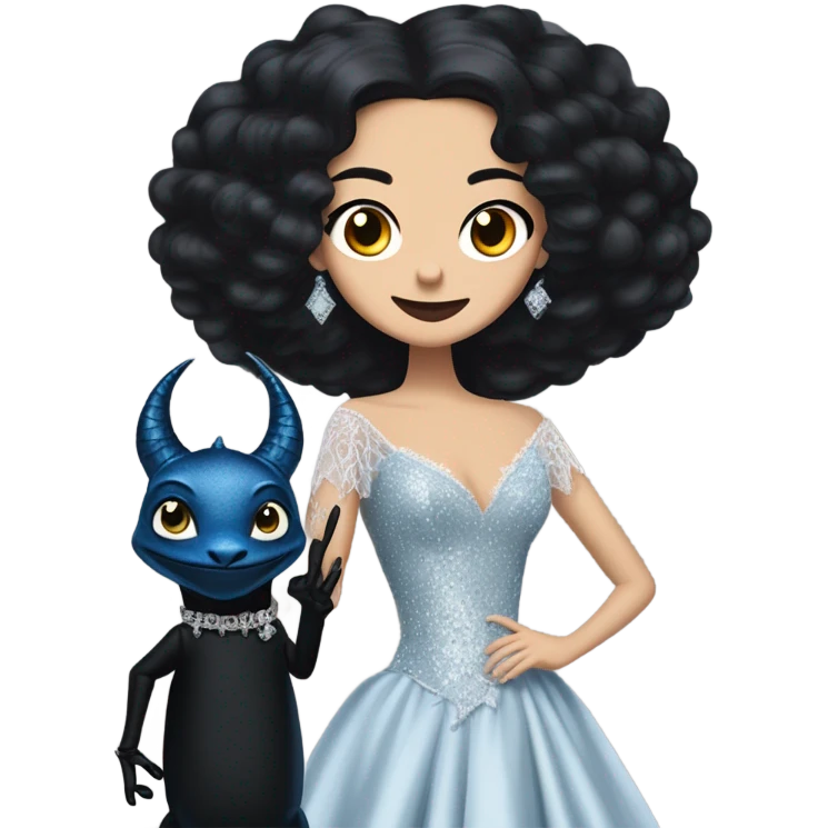relaxed low-cut back silky black evening ball gown with lace gloves, Jenna Ortega as Addams woman wearing a mini diamond tiara, very large blood blue cute horned old dragon hand puppet emoji