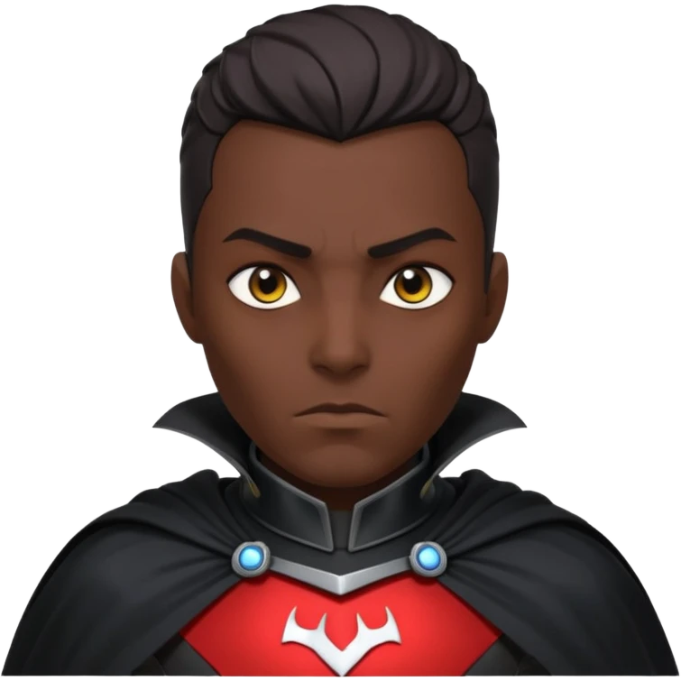 dark sci-fi villain portrait, head and shoulders only, black armor, cape collar, intense eyes, dramatic lighting, 3D cartoon, mobile game icon, clean background, no text
 emoji