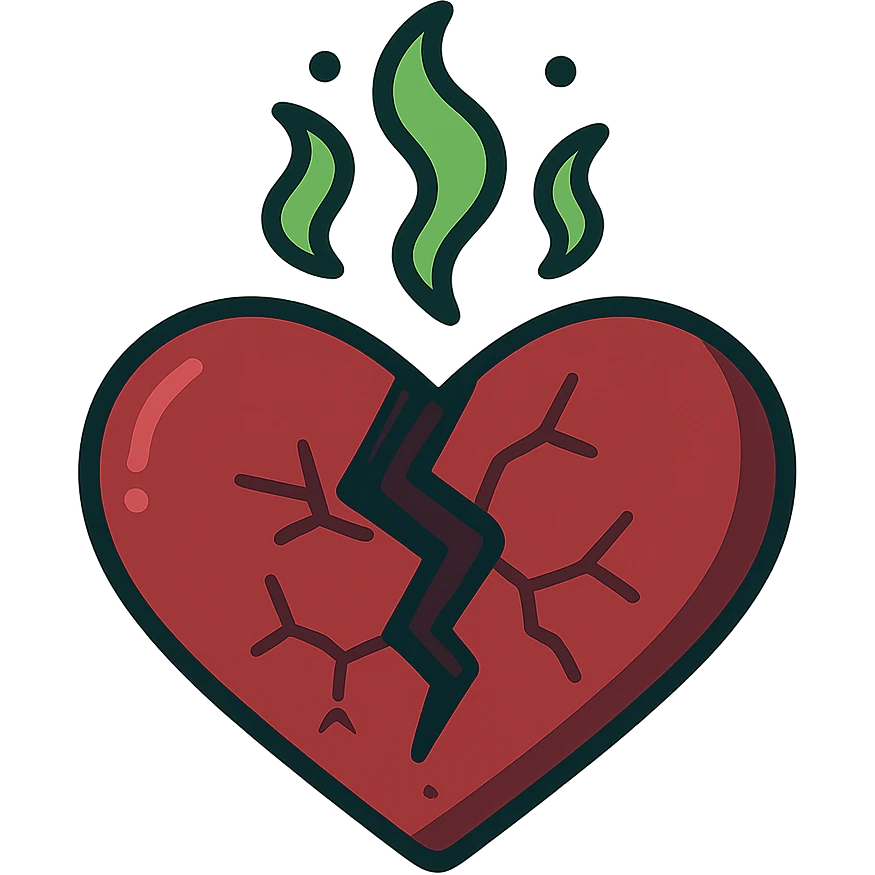 thumbnail with broken heart emitting faint toxic green mist, dark background with deep red and black gradients, faint cracks and spark effects emoji