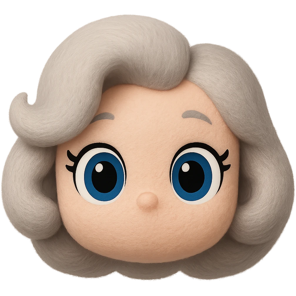 Make the hair slightly more voluminous and add cartoon-style eyes, keep soft fleece texture, pure silver grey hair, 1940s bob, cute plush-style eyelashes, vibrant blue eyes, no neck, no body, no mouth, no white border, transparent background. The style should be soft fleece texture with a cute plush look. emoji