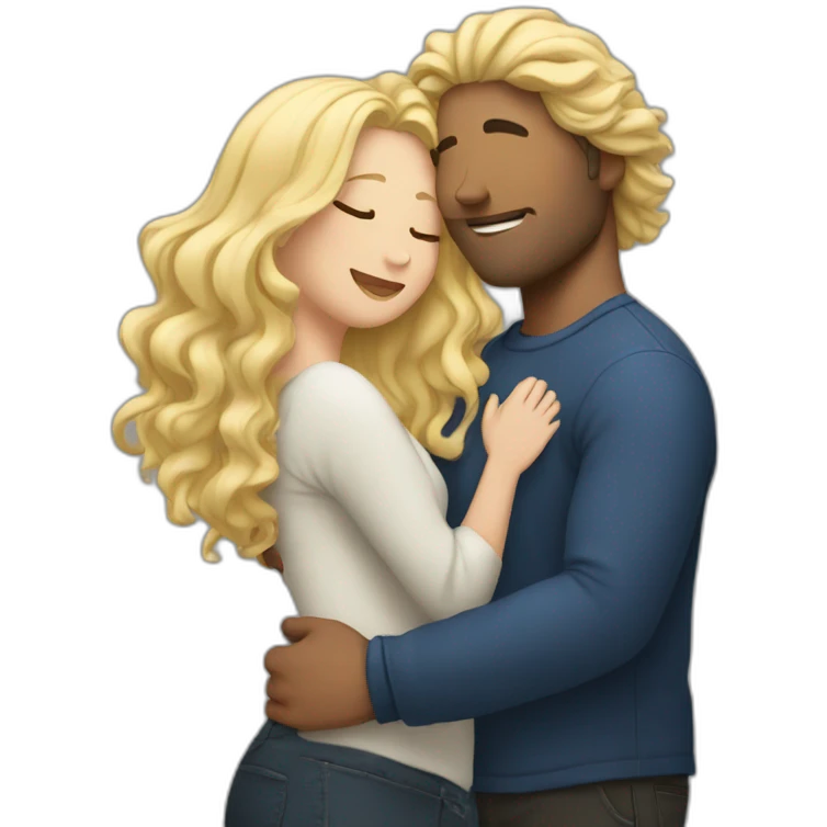 Man with dark long curly hair hugging a blonde curvy woman emoji