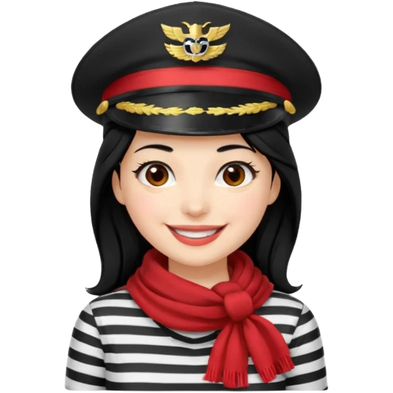 marinera de pelo negro piel blanca con camisa a rayas blanco y negro y pañuelo rojo y gorra de capitana y sonrisa muy alegre emoji