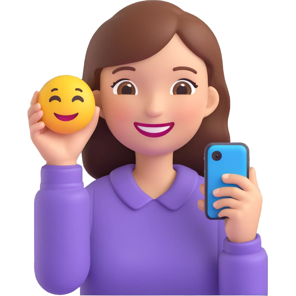 girl holding a smartphone, smiling, emoji style emoji