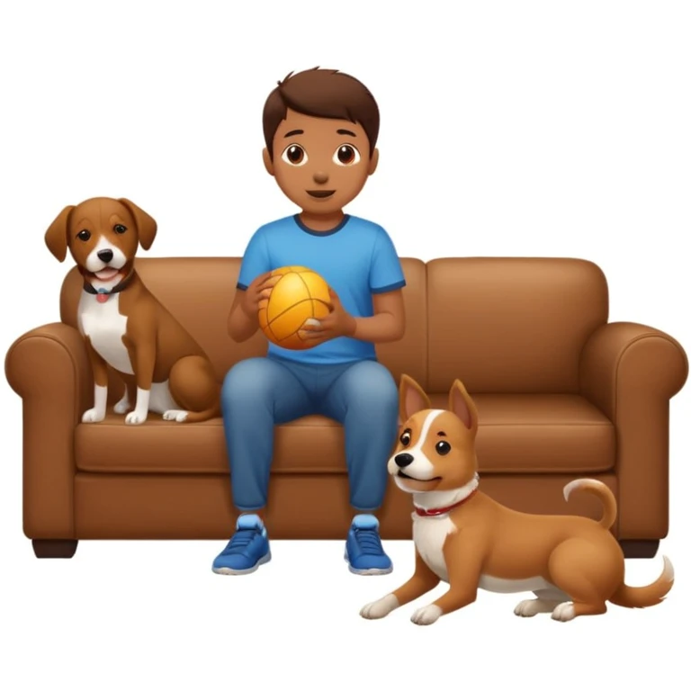 kid and dog playing with ball, living room background emoji