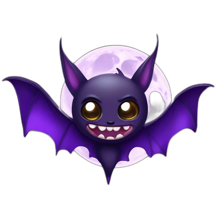 purple and black evil face vampire bat anime sparkle eyes wings flying in front of large dripping crescent moon emoji