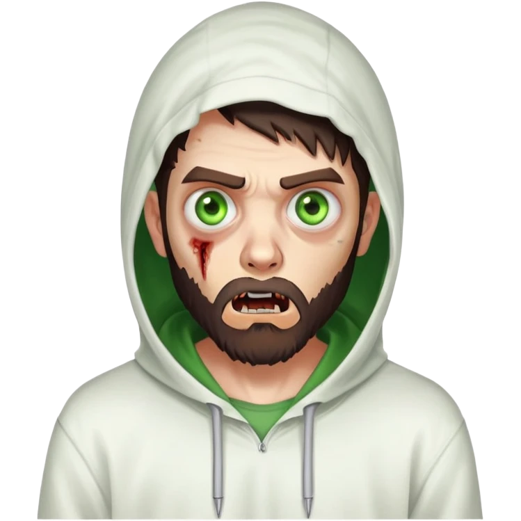 zombie with shocked expression, undercut hairstyle with dark brown hair, short full beard, heterochromia with one green eye and one brown eye, wearing plain white hoodie emoji