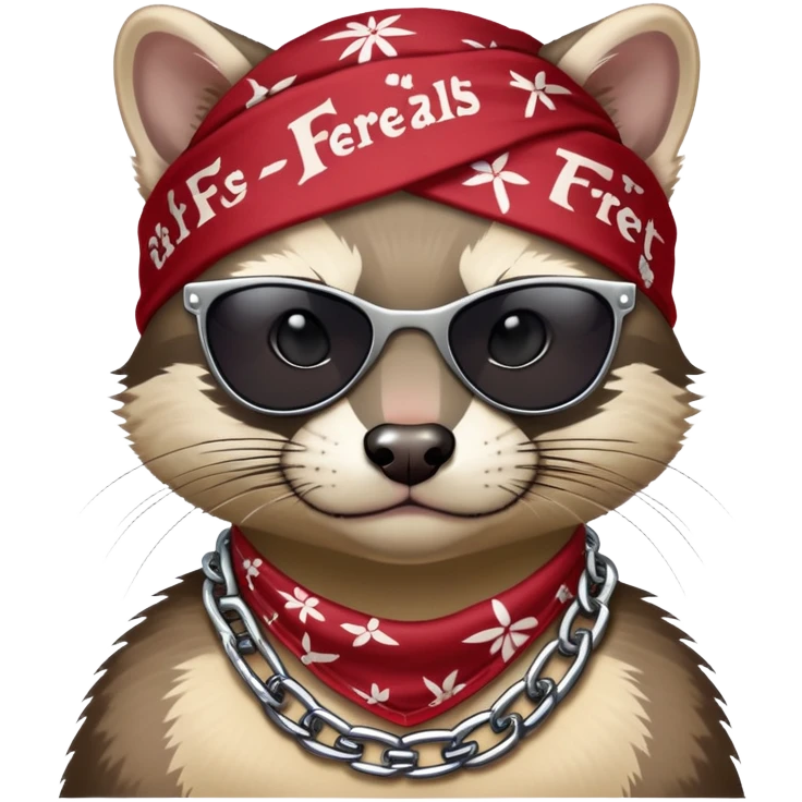 gangster-style animal duo featuring a tough-looking ferret and a wildcat rocking shades, bandanas, and chains. They’ve got serious street cred and attitude, with the bold name ‘FERREALS’ stamped below like a crew name. It’s like the animal kingdom’s version of a hip-hop duo or biker gang emoji