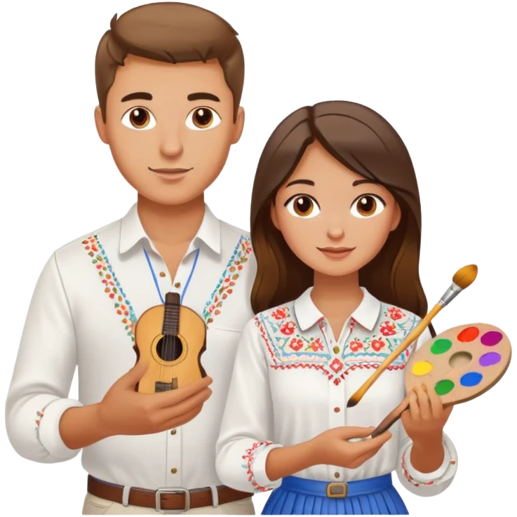 a guy in a white Ukrainian embroidered shirt and a girl in a white Ukrainian embroidered shirt, holding music and a paint palette emoji