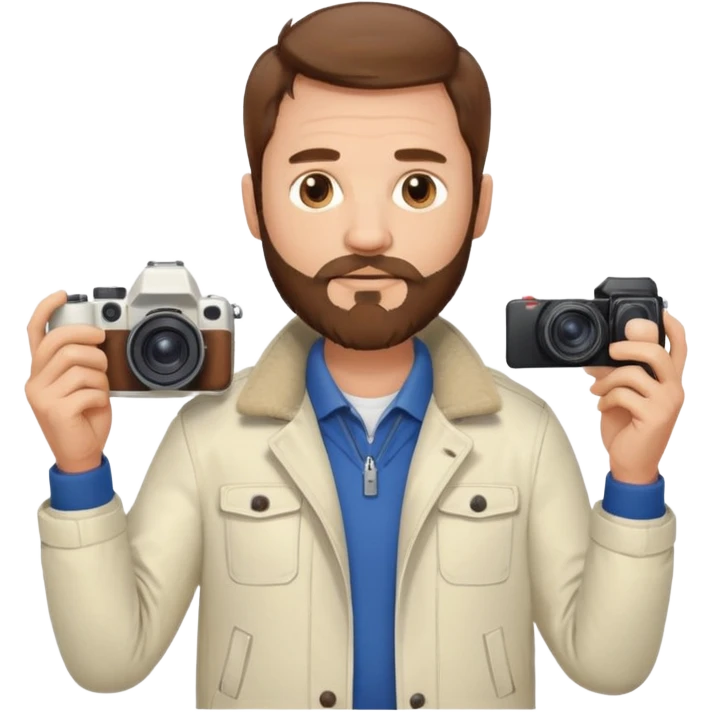 Middle-age male, brown beard and hair, holding camera, off white jacket
 emoji