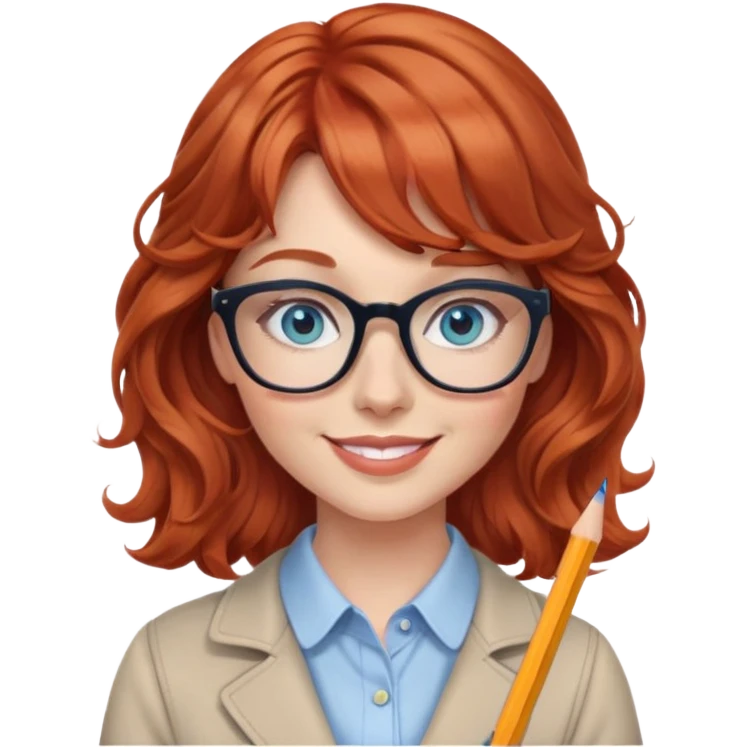 redheaded woman with wavy hair and bangs, blue eyes, glasses, chic outfit, holding a pencil, smiling emoji