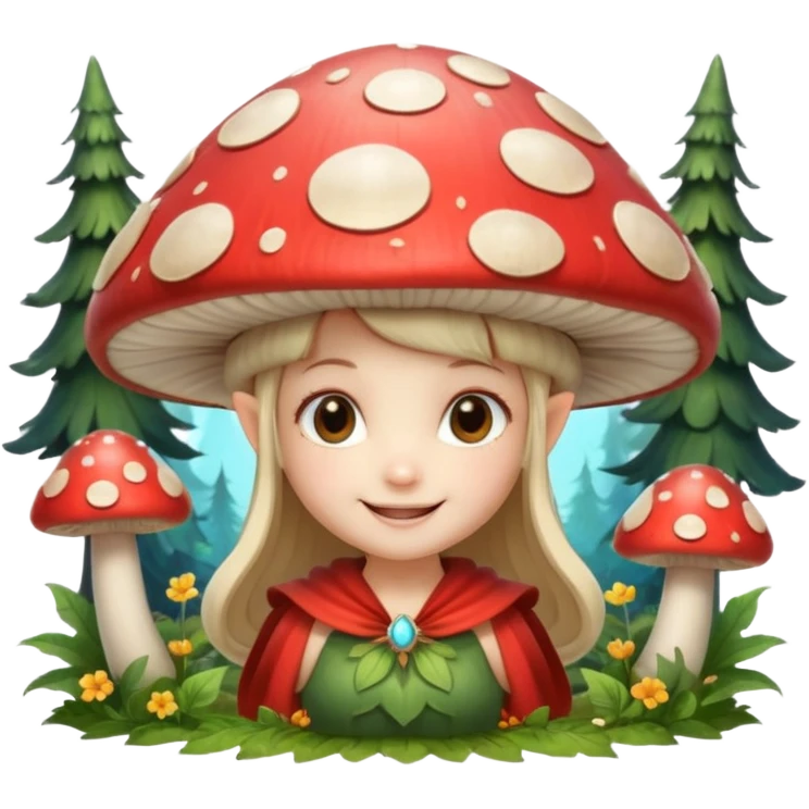 mushroom fairy portrait, head and shoulders only, wearing a large mushroom cap hat, tiny glowing wings visible behind shoulders, cute magical smile, forest fantasy vibe, 3D cartoon, mobile game icon style, clean background, no text, no watermark

 emoji