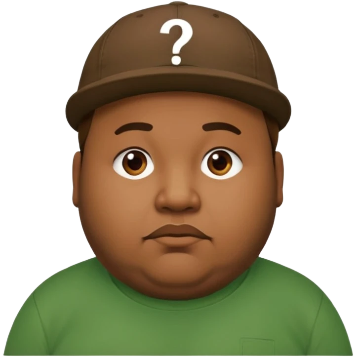 fat man with brown cap and green t shirt printeed a question mark emoji
