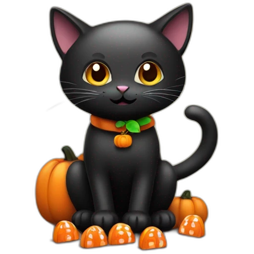 black halloween cat with a pumpkin full of candies emoji