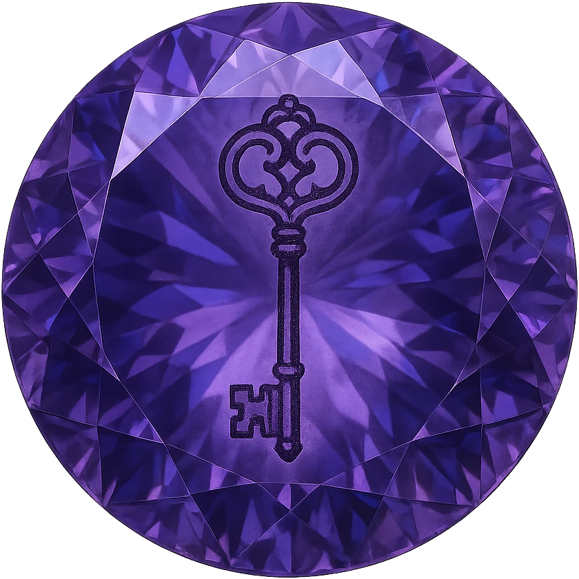 real diamond, circle-diamont gem shape, color #9665db, with complex 🗝️ key  symbol on the diamond. emoji