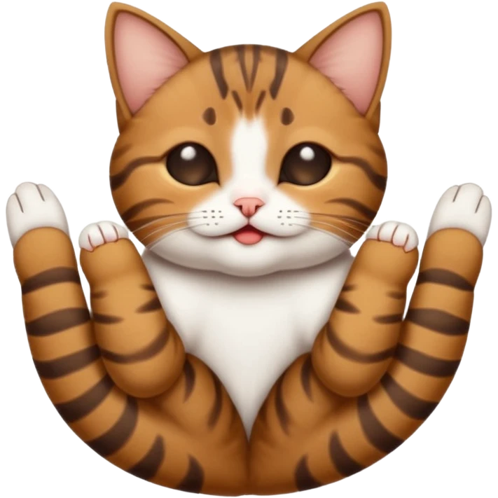 dark brown tabby and white small cat in funny positions upside down with eyes closed emoji