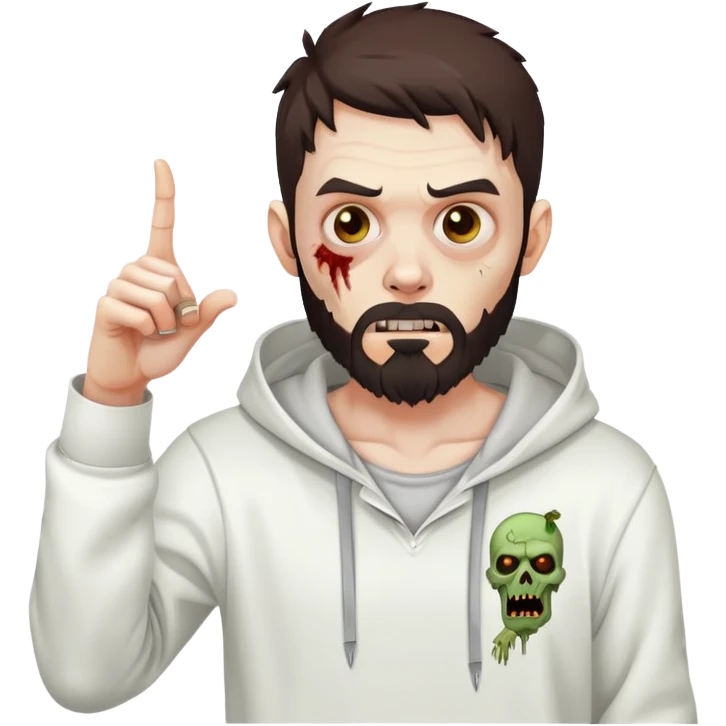 zombie pointing finger, undercut hairstyle with dark brown hair, short full beard, wearing plain white hoodie emoji