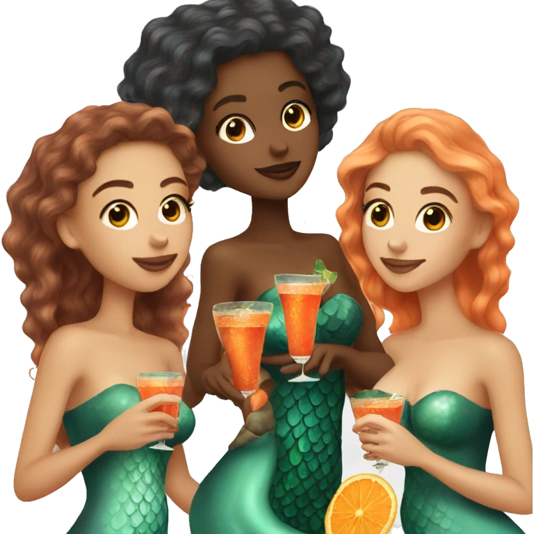 Three beautiful mermaids light skin drinking aperol emoji