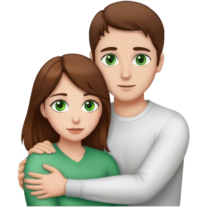 white couple with brown hair, woman has green eyes man has brown eyes, they’re hugging each other  emoji