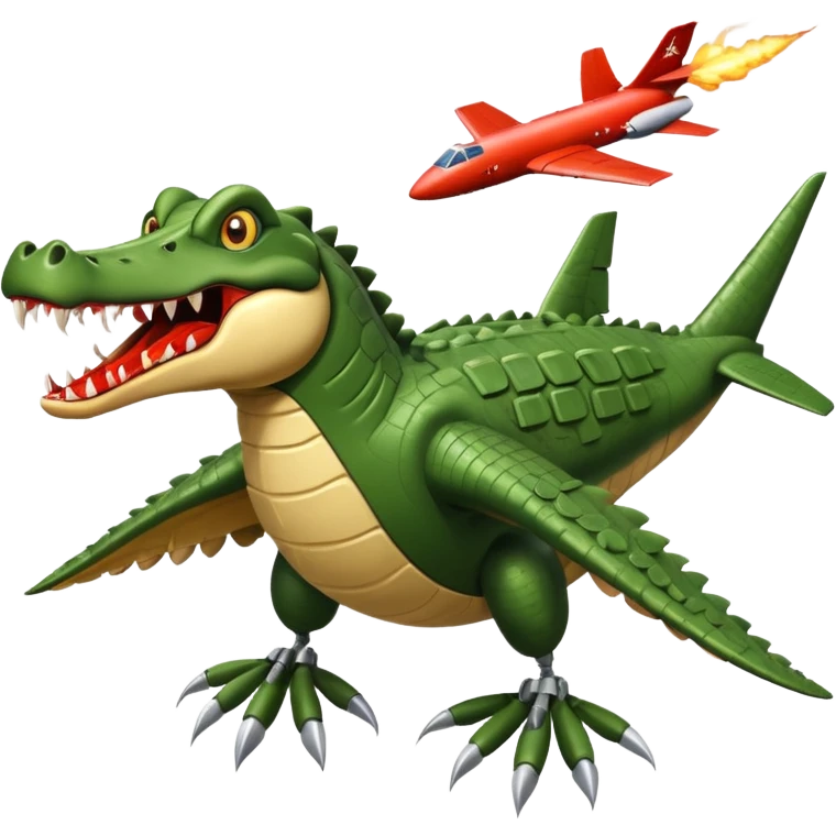 crocodile head with a terrifying mouth merged with a military bomber body, arms as airplane wings with rockets, legs as massive chicken legs like a hut on chicken legs, moving with a roar, trail of destruction emoji