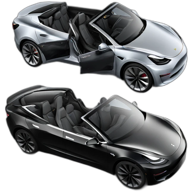 Hyper realistic, open top, black, Tesla Model 3, black upholstery, Performance, left side view emoji