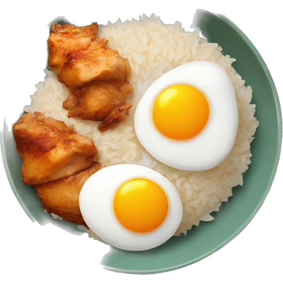 a bowl of rice with two eggs and chicken thigh emoji