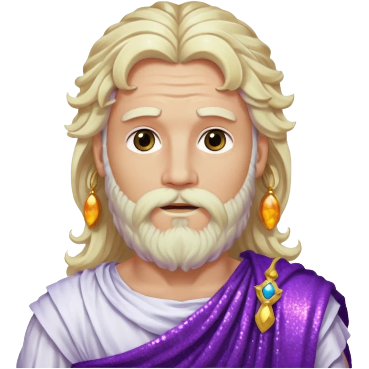 Jupiter, God of Sky from Roman Deities with long white blonde wavy hair and beard, purple sequin toga emoji