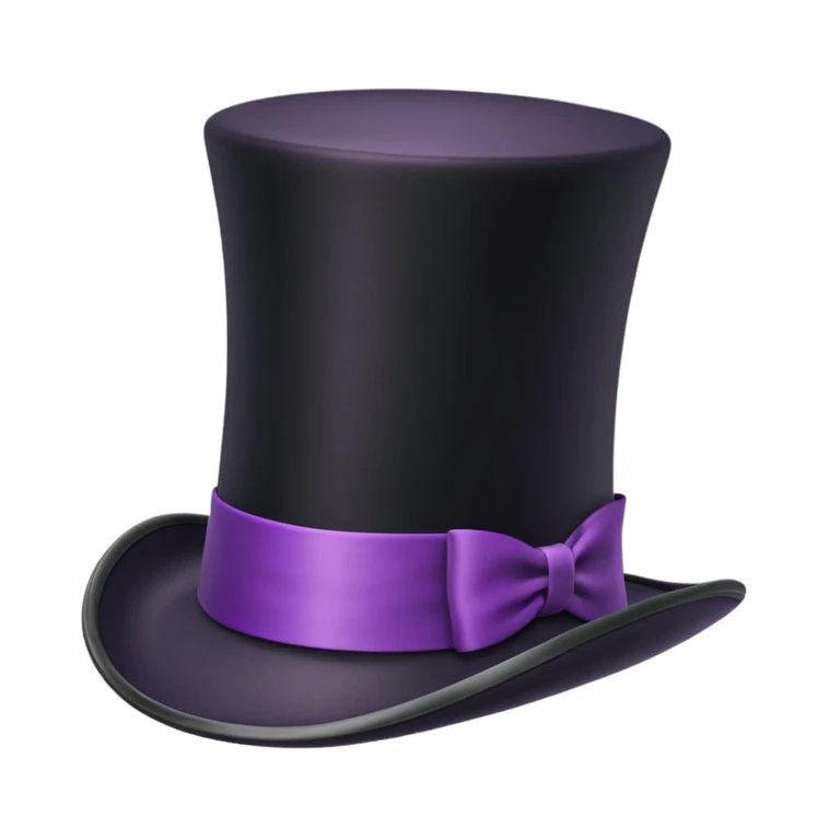 3D apple-style emoji of a tall vintage top hat, simplified shapes, cartoon-like look, glossy finish, soft shadows, white background, tall black hat with wide brim, purple and black checkered ribbon with a red stripe emoji