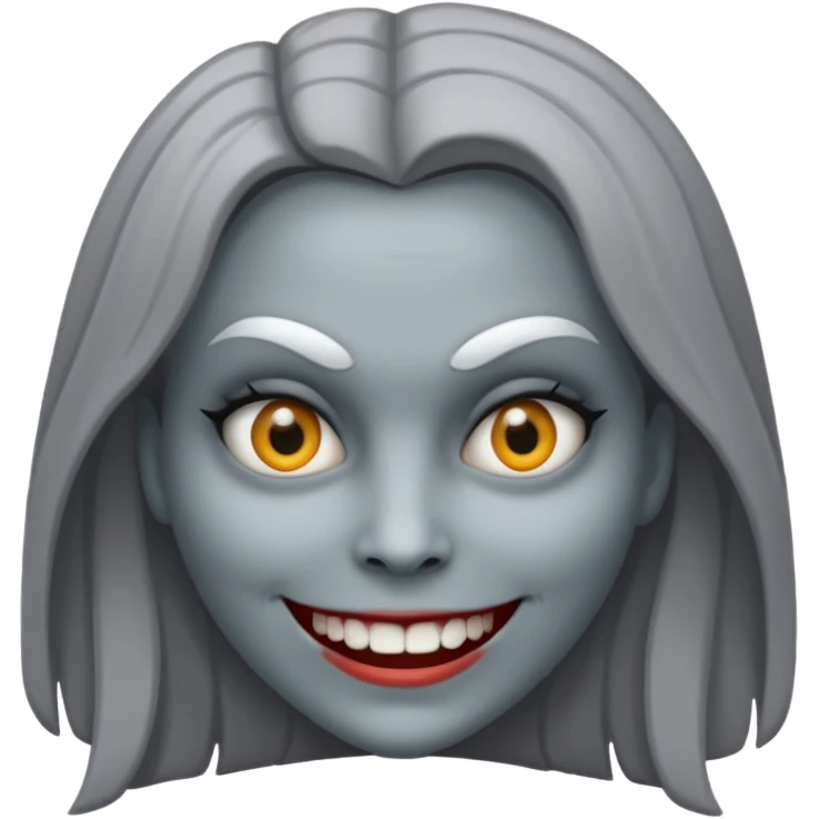 woman with gray skin and white blank eyes and a scary smile emoji