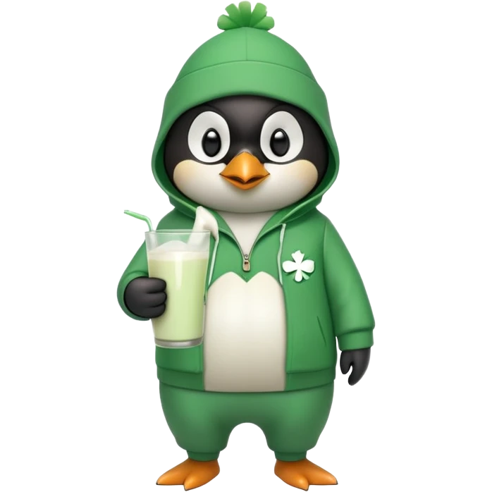 full body friendly anthropomorphised penguin wearing green mafia-style tracksuit, angry intense brooding posture, holding glass of milk, shamrock accessory emoji