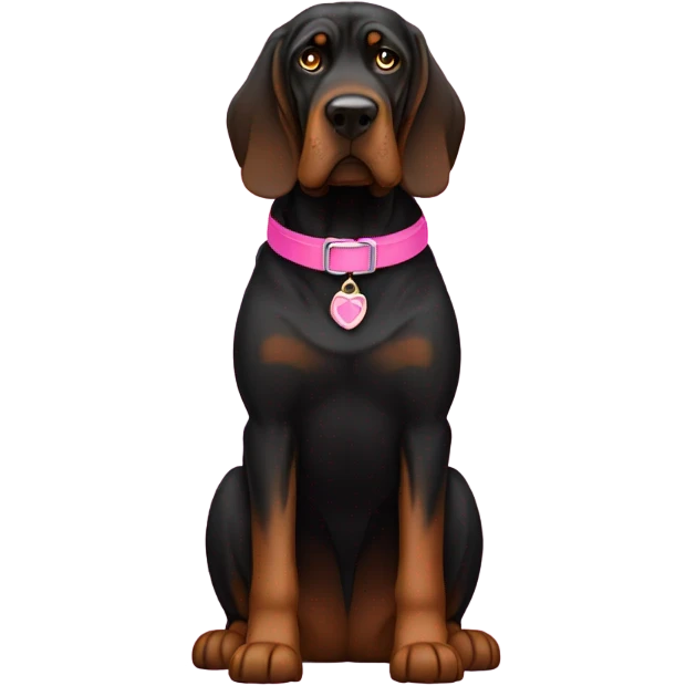 Black bloodhound standing with pink collar emoji
