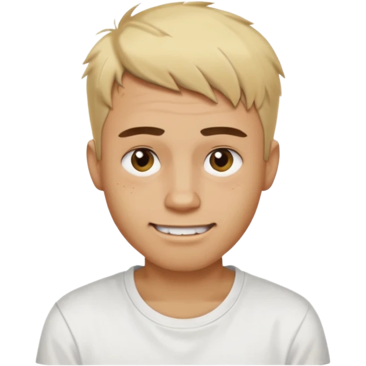Male with short, messy blonde buzzstyle hair, large expressive golden-brown eyes, brown skin, subtle facial bruises and scratches, crooked smile showing slightly damaged teeth, wearing a plain white t-shirt. emoji