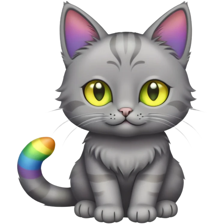 Grey cat with greenish yellow eyes holding a rainbow on paws emoji