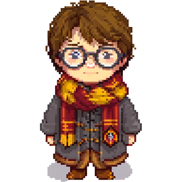 Harry Potter with round glasses and Gryffindor scarf in pixel art style emoji