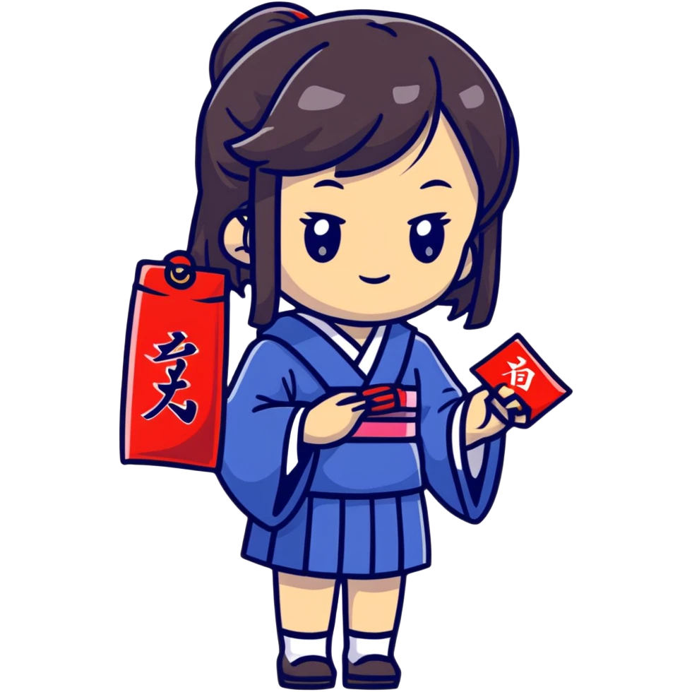 Cute Japanese high school girl buying omamori charm at shrine during school trip emoji