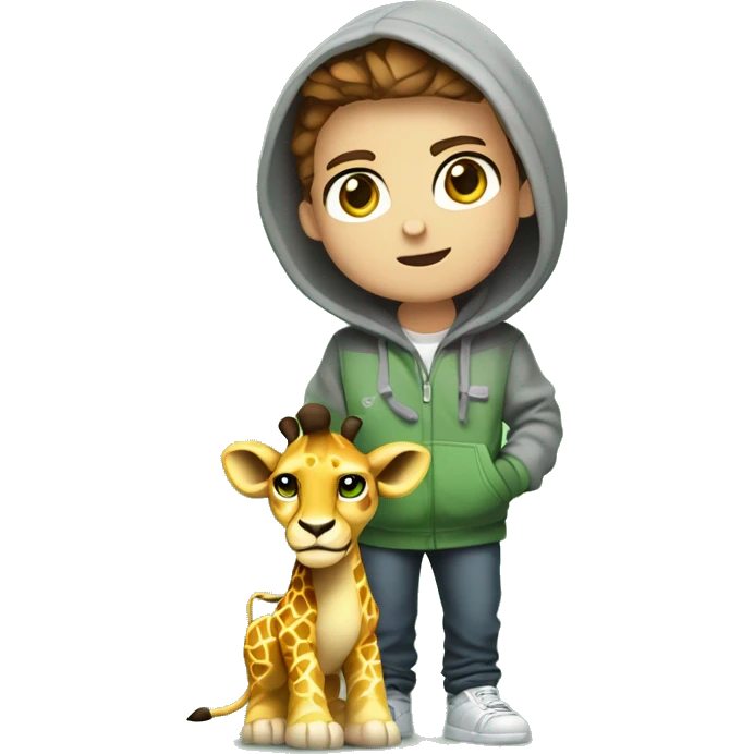 Young cartoon character,
short chestnut hair, green eyes,
grey hoodie, holding controller,
gaming items around, giraffe nearby,
lion cub, playful expression, cool style,
modern look, green background emoji