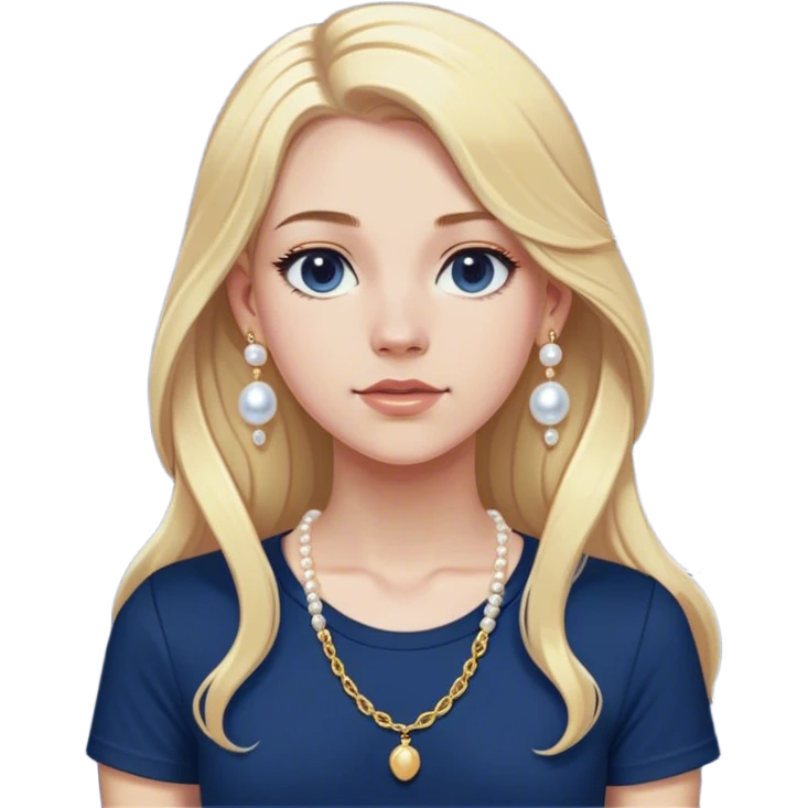 White girl with long blonde hair with a form fitting navy blue shirt with a dainty gold chain and pearl earrings. Make the earrings studs. Make the Shirt a t shirt that’s short sleeve emoji