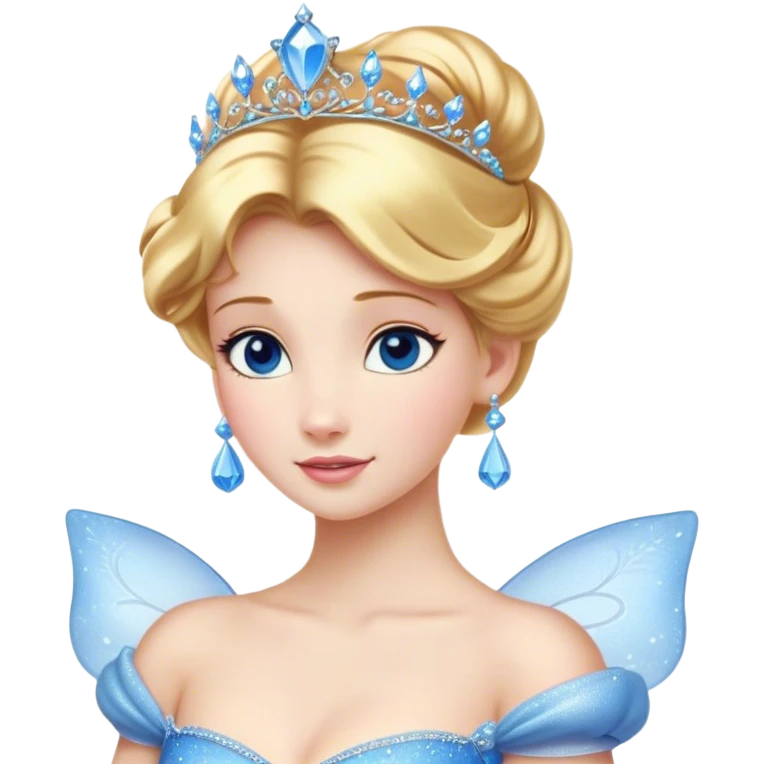 Cinematic Stunning Cinderella Portrait Emoji, Radiant in her sparkling blue ball gown, golden hair in a perfect updo, soft blue eyes full of wonder, glistening tiara, glowing with an ethereal beauty, regal yet kind, a dreamlike aura surrounds her, capturing the essence of a fairy tale princess, elegant and breathtaking! emoji