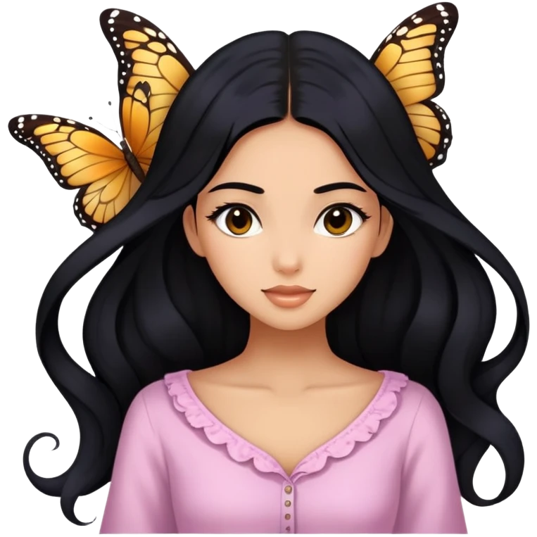 Gadis cantik dengan rambut panjang gaya kupu-kupu dan rambut hitam, berkulit kuning langsat, berwajah cantik & manis, serta memakai pakaian feminim emoji