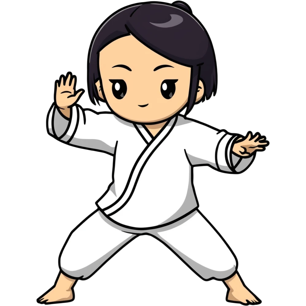 lightskin young girl with black straight hair and dark eyes, doing taichi, calm expression emoji