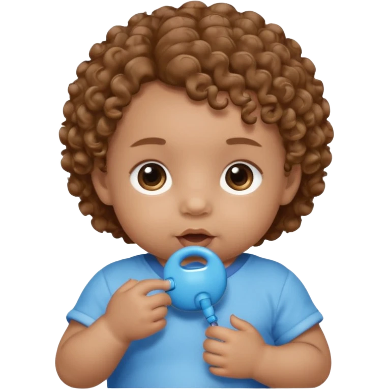 A baby with light brown skin, soft curly light-brown hair, wide brown eyes, and a blue pacifier.  emoji