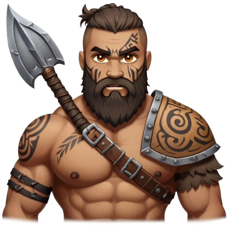 Clash of Clans aesthetic: Cinematic Rugged Barbarian Portrait Emoji, Intense and formidable with a heavily muscled physique, a rugged beard, piercing eyes, and battle-worn armor adorned with tribal markings, his face showcasing a realistic tan skin tone, Simplified yet powerfully detailed features, highly detailed, glowing with a deep, primal energy, high shine, gritty and uncompromising, stylized with an air of raw, untamed power, focused and determined, soft glowing outline, capturing the essence of a barbarian warrior carved by countless battles and poised to lead his clan into epic conflict! emoji