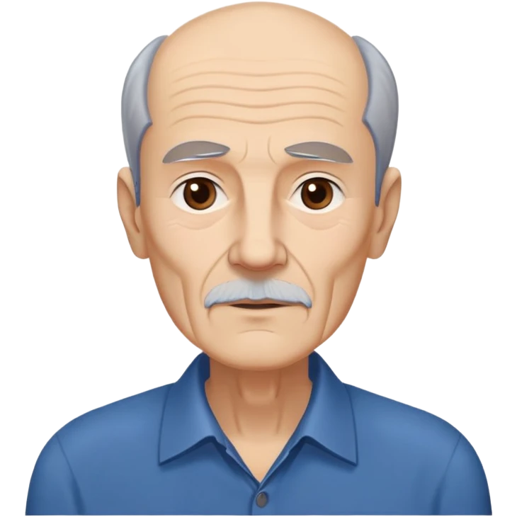 Elderly thin man with light skin. Narrow face with visible cheekbones and jawline. Signs of aging with some wrinkles. Expressive dark brown eyes, thick eyebrows. Short brown hair with receding hairline. Untidy brown beard with some gray strands. Wearing a dark blue shirt. emoji