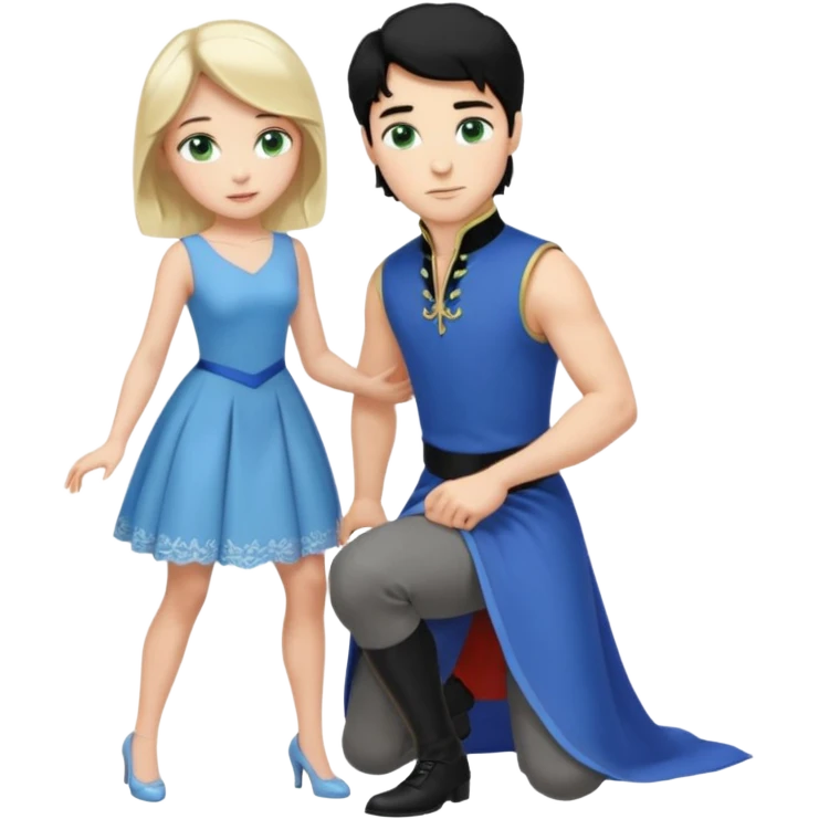 prince, black hair, blue eyes, blue garment,  Woman, blonde Hair, green eyes, bending knee, sleveless white dress, emoji