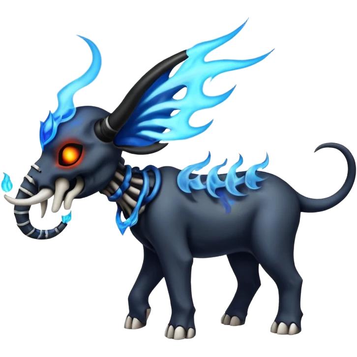 Skull-faced skeletal elefant pretty handsome Fiery black and white blue flames solarpunky elemental colorful hot will-o-wispy Houndoom-Torracat-Genesect-Pokémon-Fakémon-hybrid-creature emoji