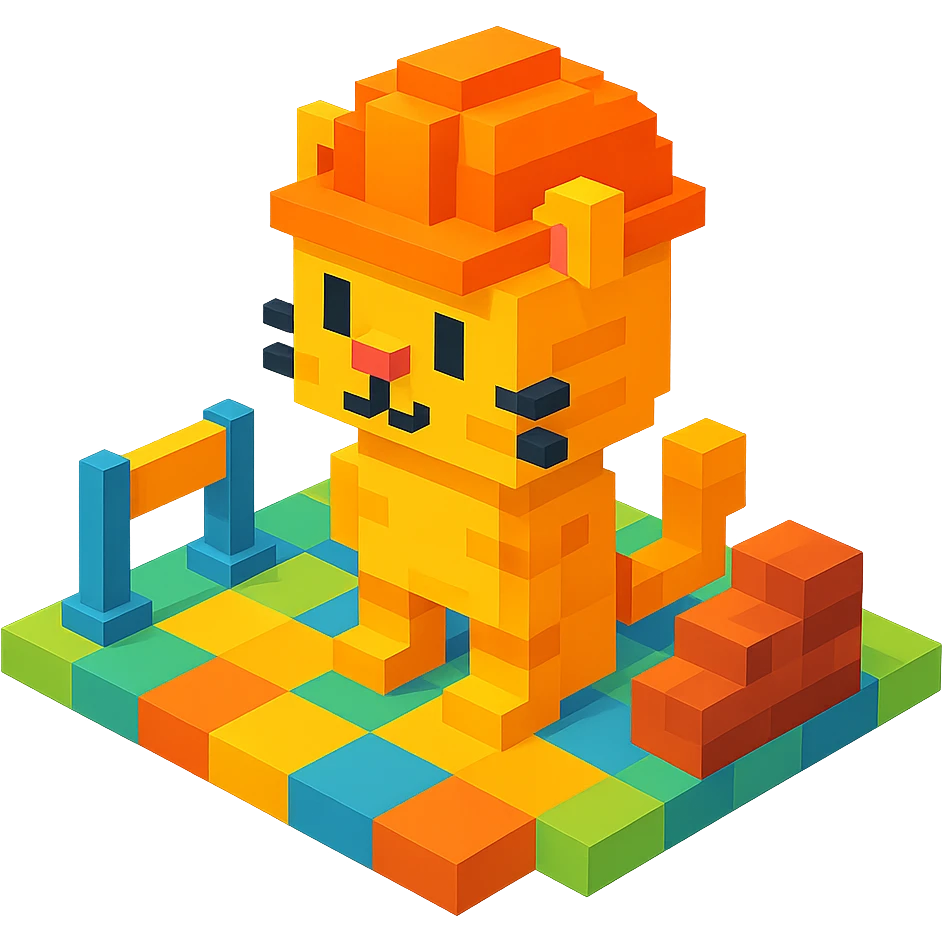 cat in orange safety helmet standing on a construction site in voxel style emoji