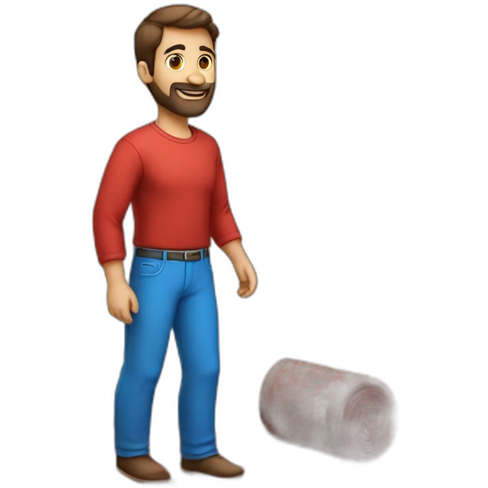 A man with a red shirt and blue pants and mesh shoes with a Persian carpet in his hand emoji