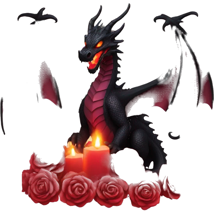 Black dragon breathing red flames, covered in thorned roses, surrounded by lanterns candles and fairy lights emoji