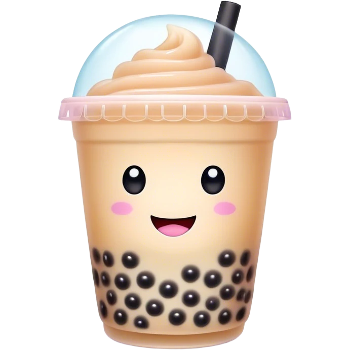 Cinematic pastel-colored bubble tea, chubby cup with a smiling face, tiny black tapioca pearls peeking out, soft glowing background, playful and adorable. emoji